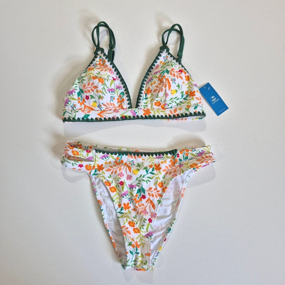 Cupshe Floral Whipstitch Triangle‎ Bikini Set White Green Orange Medium